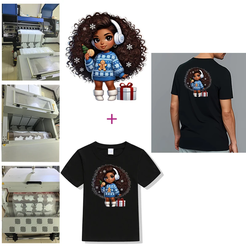 Cool Girl Afro Black Woman Christmas snowman Fashion African Female Xmas Santa DTF Transfer Sticker Ready To Press For Garment