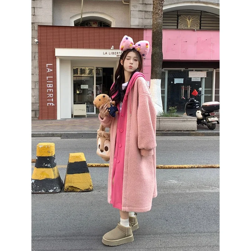 Hooded Spliced Jacket Women Fake Two Piece Patchwork Long Sleeve Loose Thickened Coats Elegant Clothing High Quality New Winter