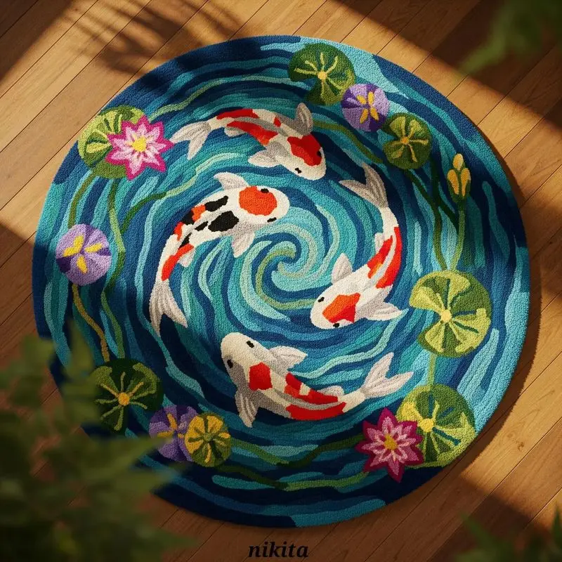 VIKAMA Koi Swirl Pond Round Rug for Bedroom Living Room Floor Carpet Mat Cute Cozy Aesthetic Soft Fluffy Home Decor