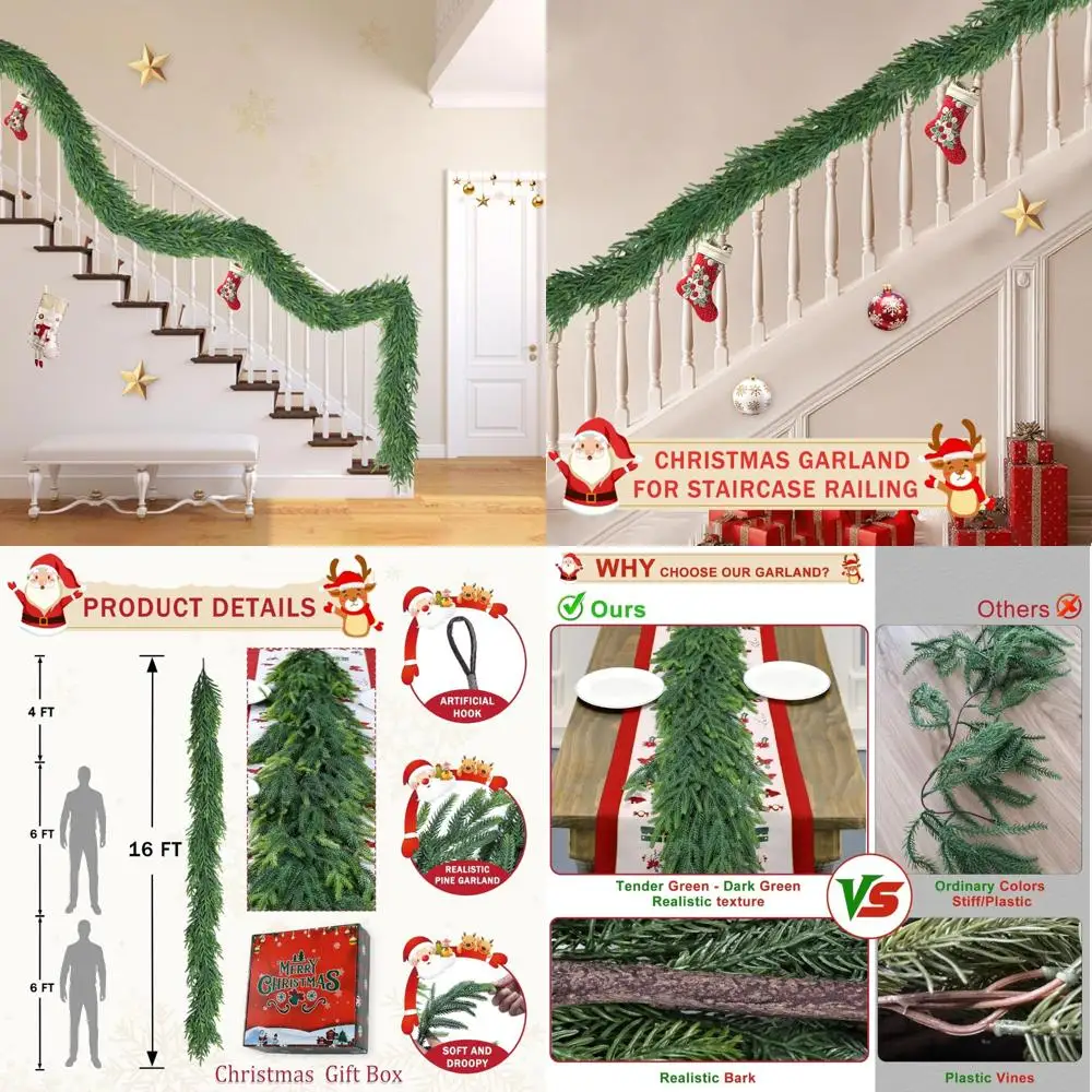 

Реалистичная гибкая рождественская кедровая гирлянда длиной 16 футов для лестничных перил, мягкая искусственная зимняя зелень, идеально подходит для манты