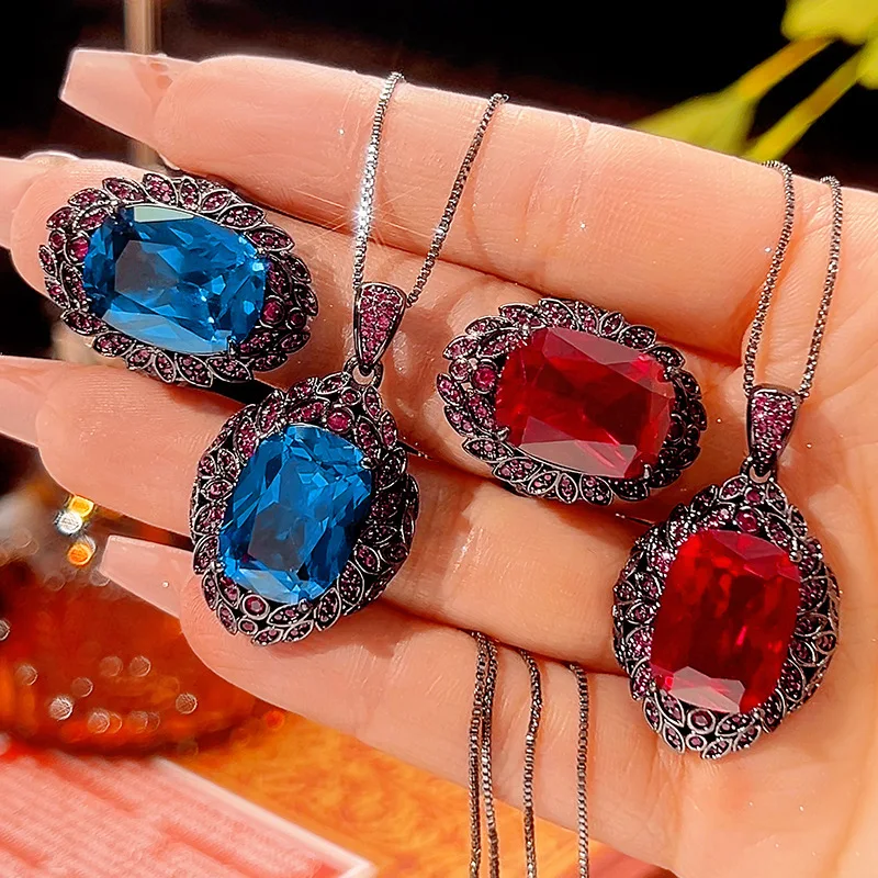 

Hot-selling jewelry gold-plated red corundum European and American pendant set, main stone 12*16