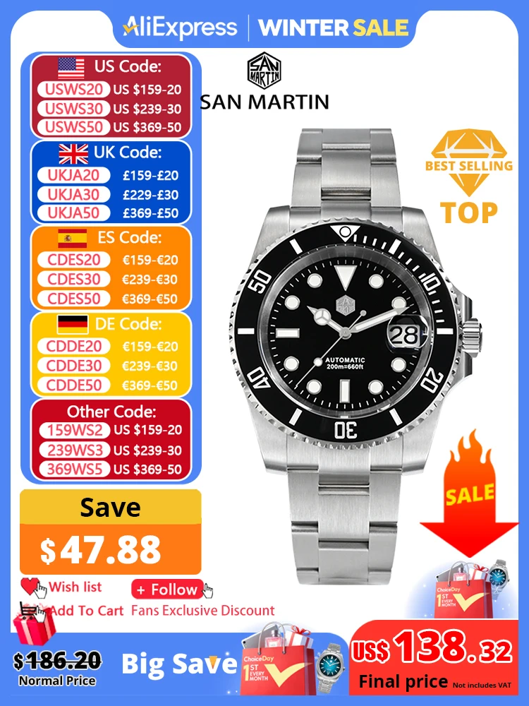 San Martin nuevo 40mm agua fantasma reloj de buceo hombres de lujo de negocios NH35 reloj mecánico automático zafiro impermeable 200m SN0017