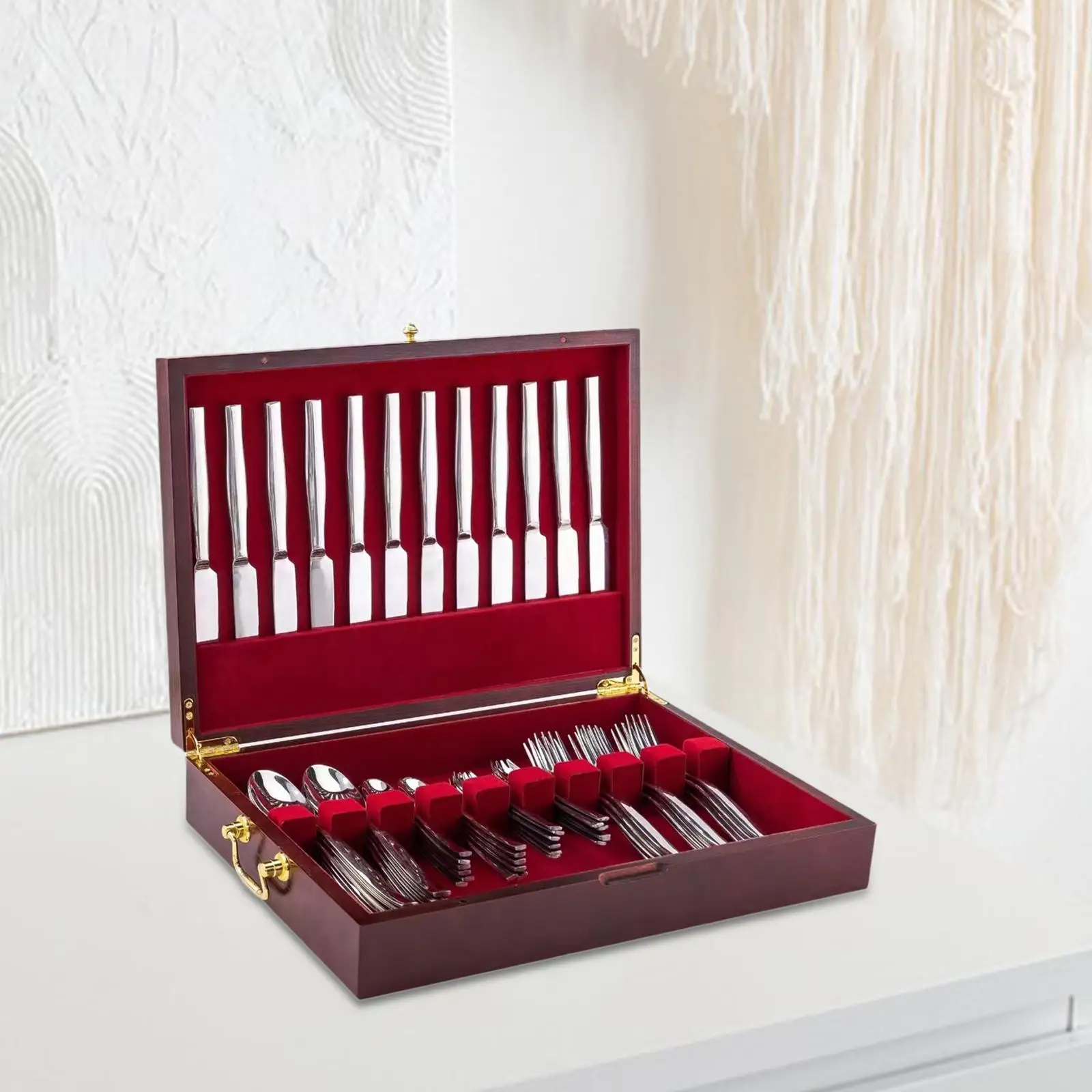 Modern Wood Cutlery Storage Box Flatware Case with Soft Lining and Lid for Kitchen Cabinet Organization