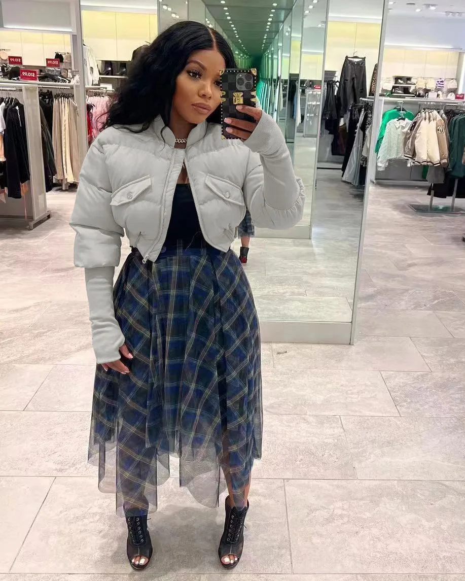 Fashion Lady Autumn Winter New Outdoor Zipper Warm Thick Short Bubble Bomber Coat Women Clothes Stand Neck Crop Puffer Jacket