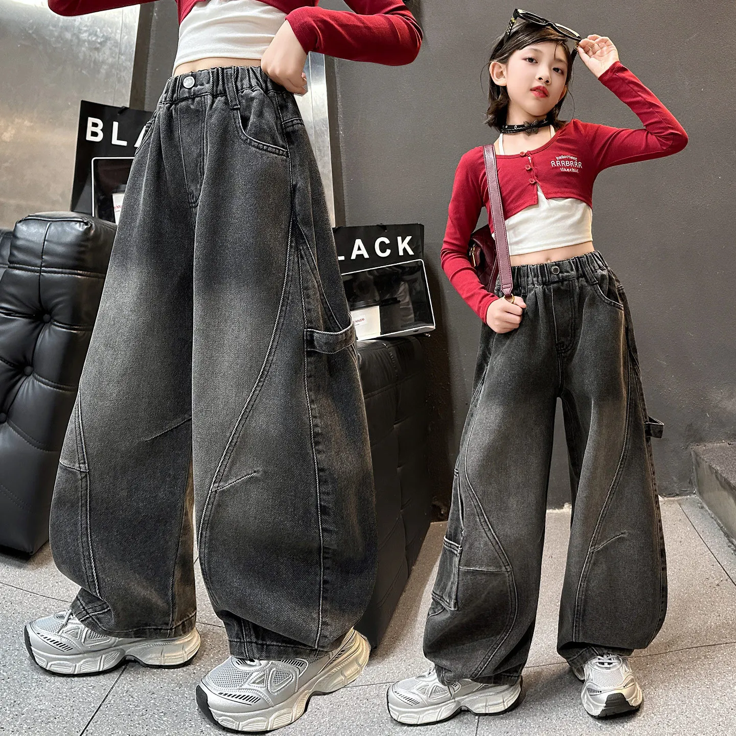 

Girls Stylish Jeans Spring Autumn New Fashion Curved Knife Pants Medium to Large Children's Loose Denim Wide Leg Trousers