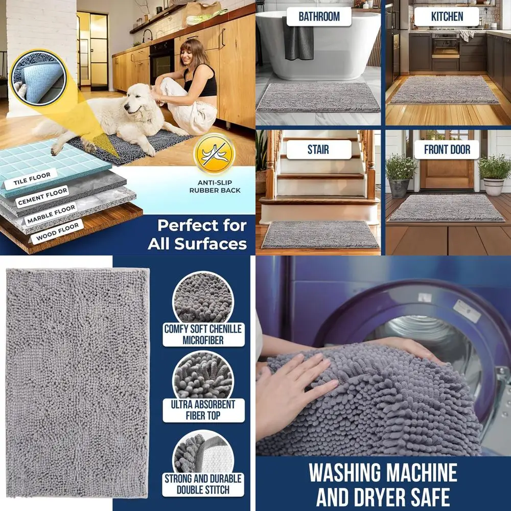 

Quick-Dry Chenille Bath Mats - Non-Slip, Thick, Soft & Absorbent for Bathroom, Kitchen & Shower - Grey Runner 59x24