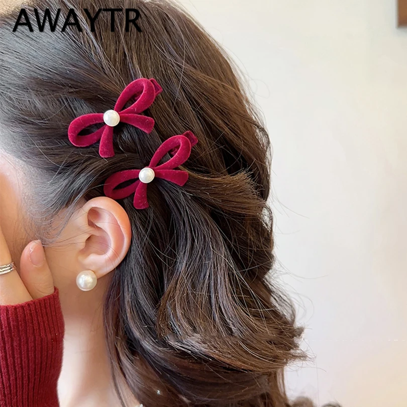 AWAYTR New Velvet Bow Hairpin Women Elegant Bow Small Hair Claw Bangs Hair Clip Girls Ponytail Hairpin Fashion Hair Accessories