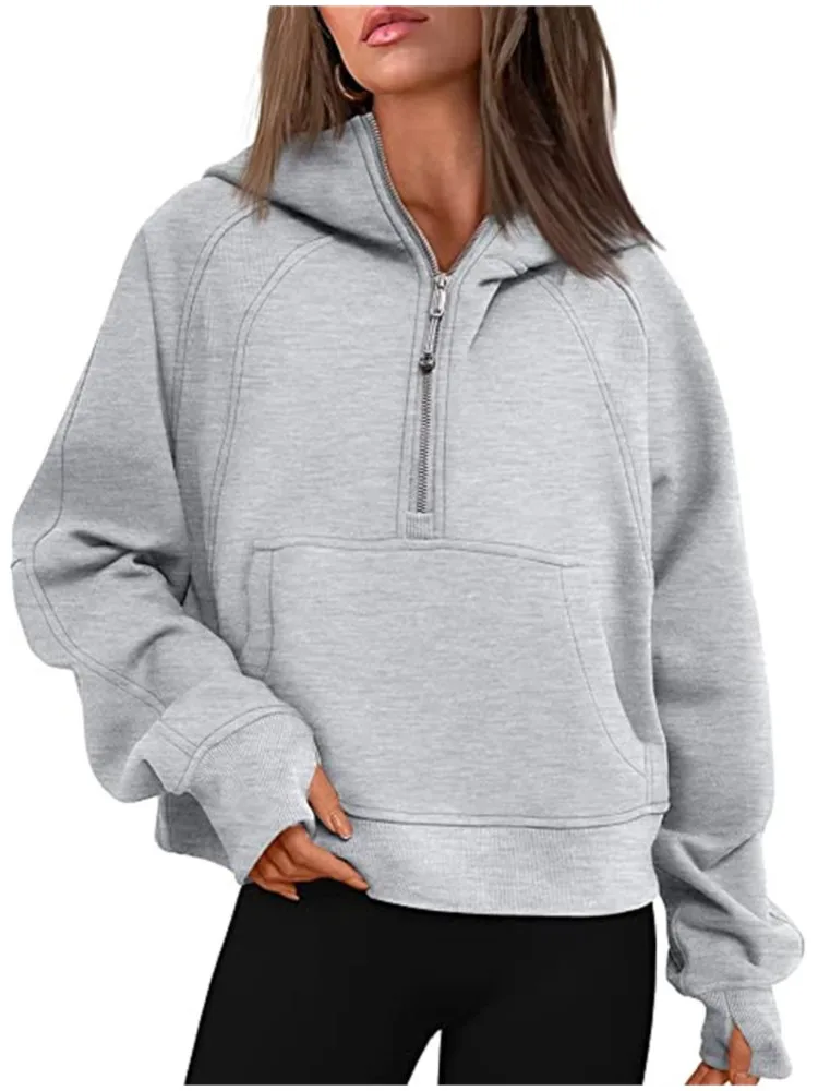 

2025 Women's Solid Hoodies Autumn Half-open Zip Up Pocket Loose Hoodie Fashion Sportswear Clothing Hooded Tops Casual Sweatshirt