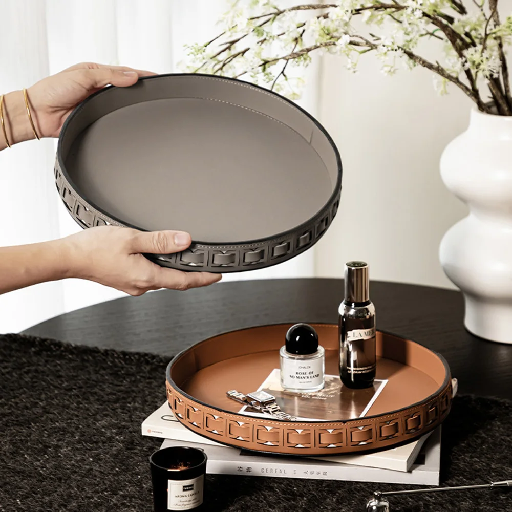 

Premium Light Luxury Round Leather Storage Tray Exquisite Key & Cosmetic Organizer for Living Room, New Style Home Decor