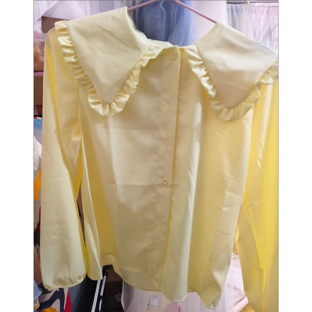 

Women Spring Retro Style Milk Yellow Doll Collar Design Sense Long Sleeved Cardigan Blouse Female French Solid Color Shirt Tops