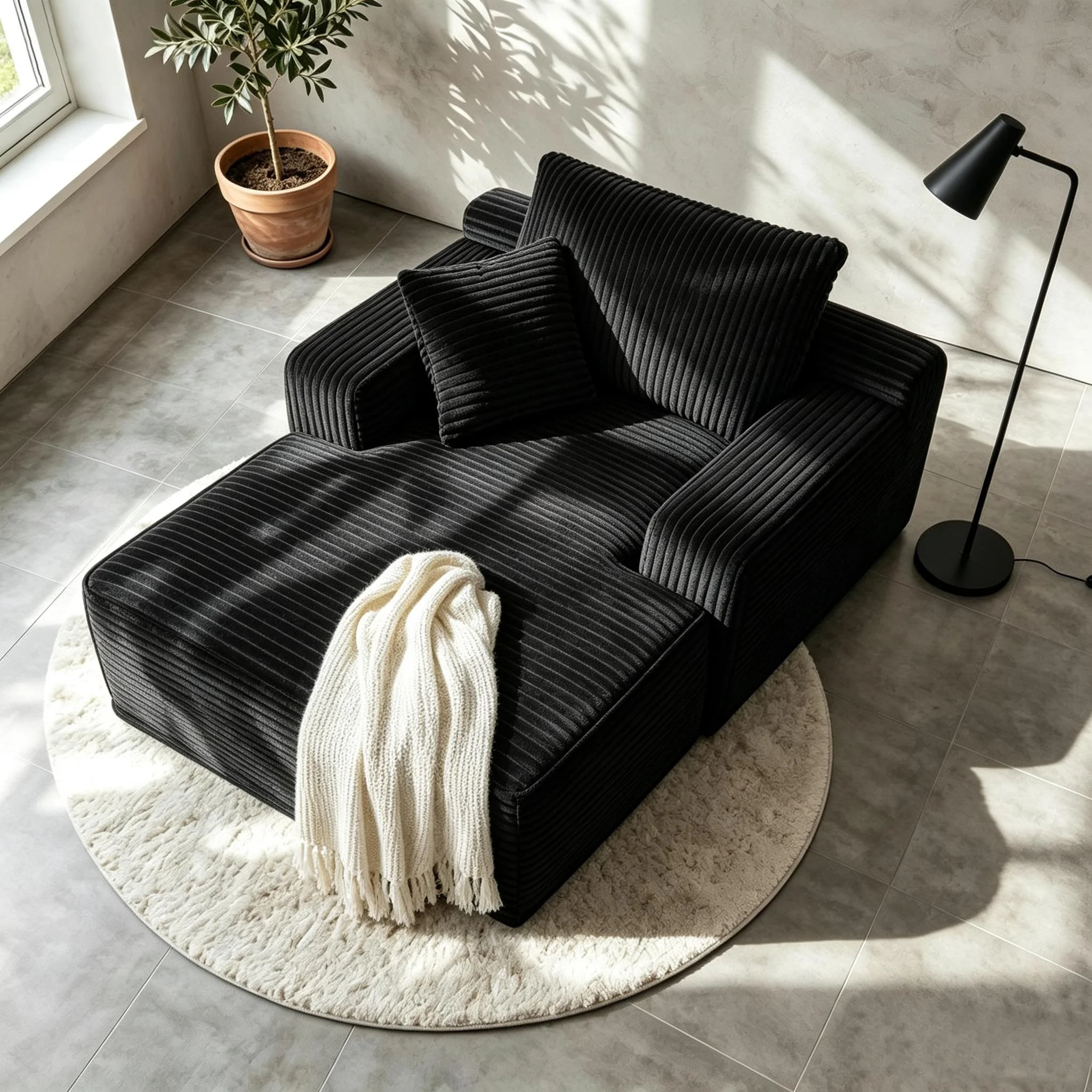 65-Inch Oversized Boneless Lounge Chaise Recliner - Corduroy Sofa with Pillows And Armrests | Deep-Seat with High-Density Foam Cushion | U-Shaped Folding Sofa Bed for Living Room, Apartment, Bedroom | No Assembly Required