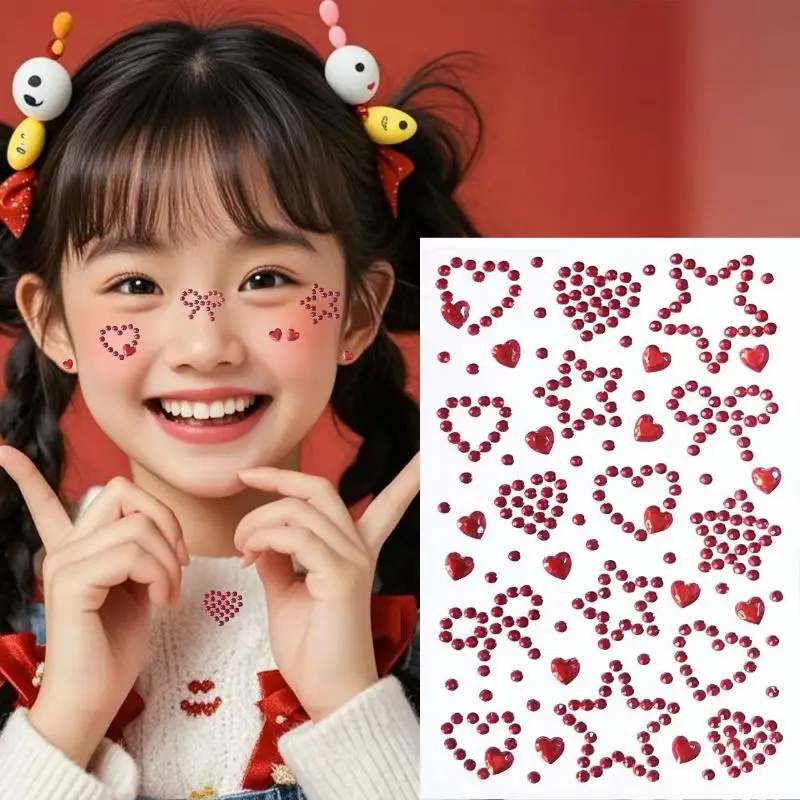1 Sheet Colorful Self Adhesive Face Rhinestone Stickers Heart Star Pattern for New Year Eve Party Face Decor