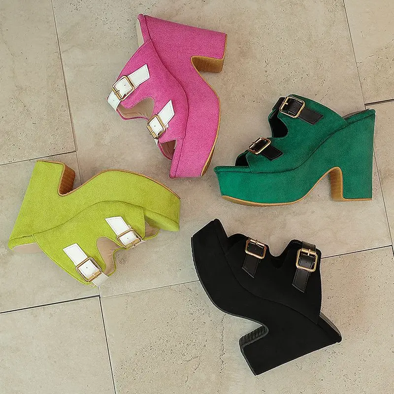 ORCHA LISA 2025 Green Female Sandals Chunky Heels 11.5cm Platform 4.5cm Slip On Mules Belt Buckle Mixed Color Big Size 42 43 view 6