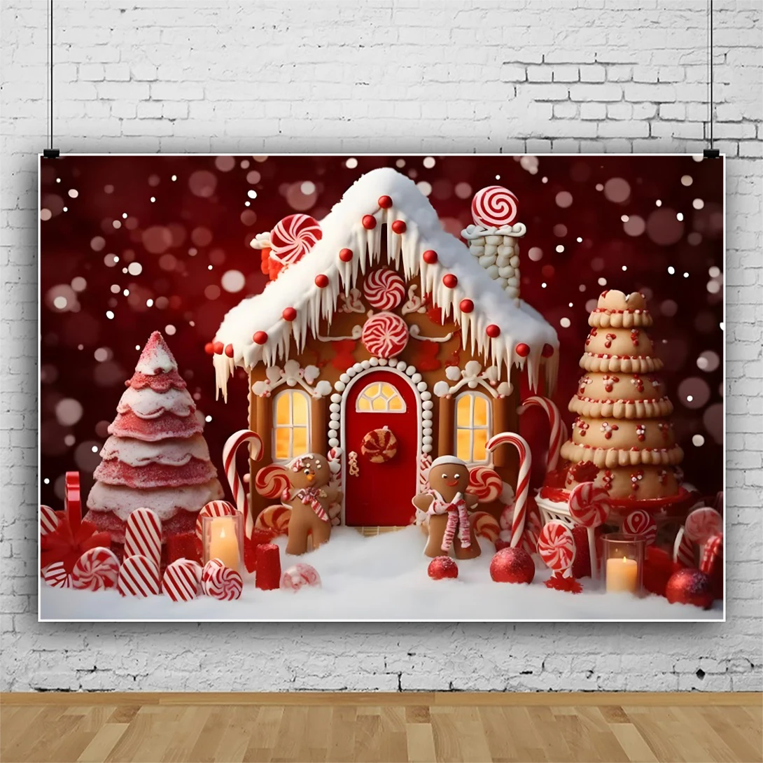 Laeacco Christmas Gingerbread House Background Merry Xmas Red Candy Winter Snowflakes Santa Kids Portrait Photography Backdrop