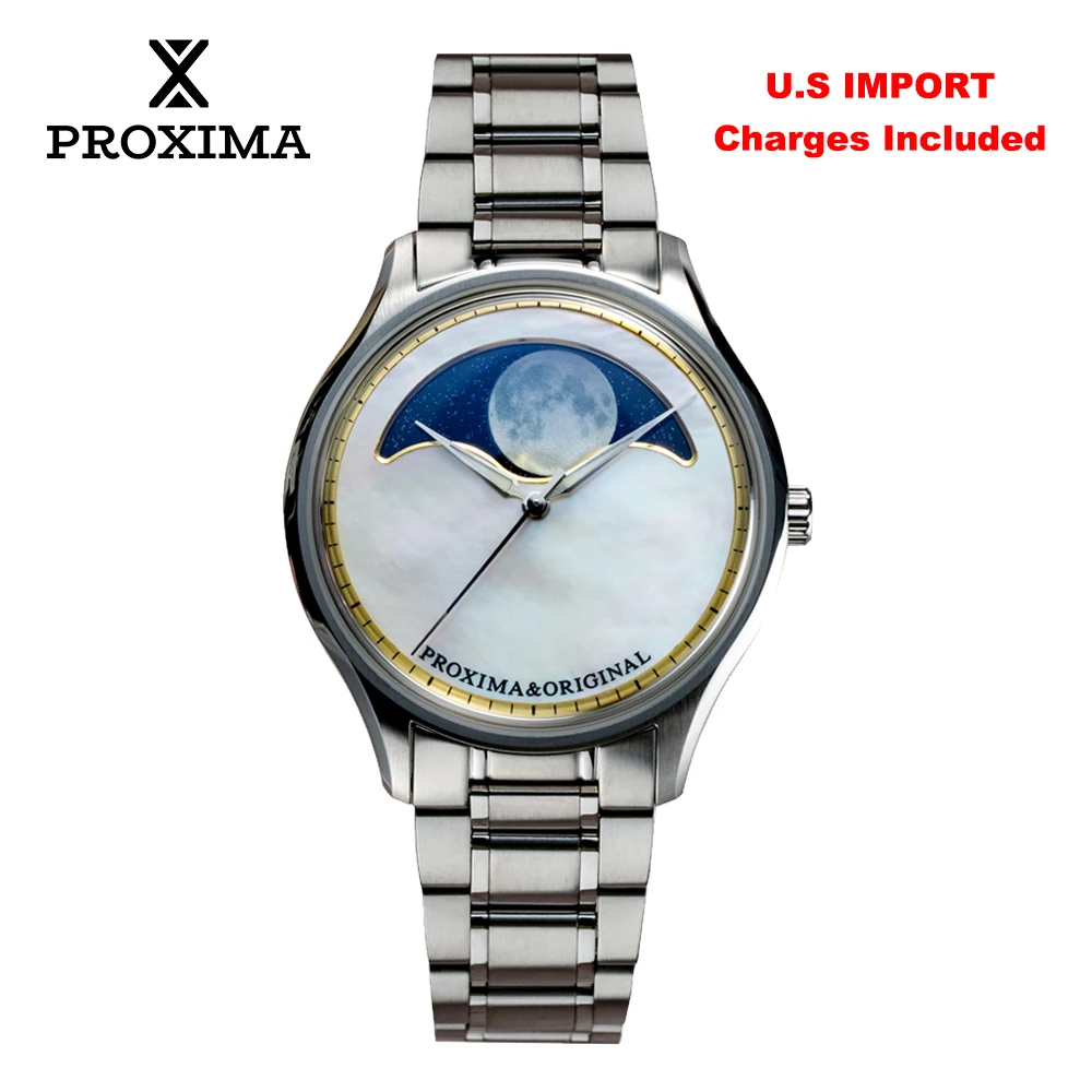 

Мужские часы Proxima Original Design 41,5 мм с циферблатом MOP Moon Phase, механизмом SW200-PR174, автоматическим механическим механизмом, водонепроницаемостью 5 бар.