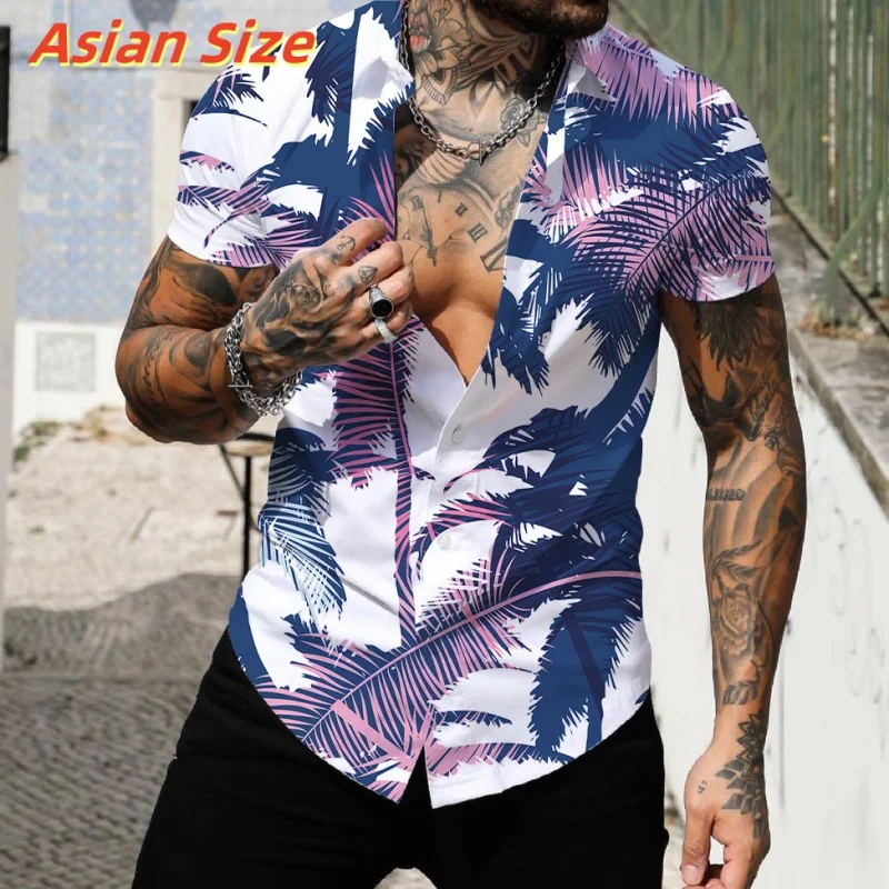 

Luxury Chain Pattern Hawaiian Shirt For Men Coconut Tree 3D Printed Shirts Summer Street Short Sleeves Tops Lapel Button Blouse
