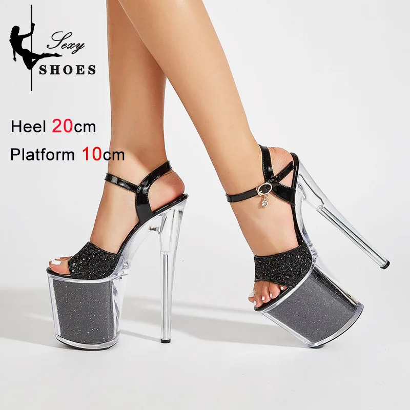 Pole Dance Shoes Women 20CM Transparent Stilettos Summer New 10CM Platform Crystal High Heels Gold Ankle Buckle Sequined Sandals