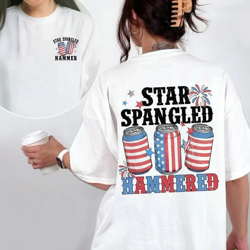 

Star Spangled Hammered T-Shirt, Women's Funny American Flag Beer Can Print, Celebration Party Top, Casual Summer Blouse
