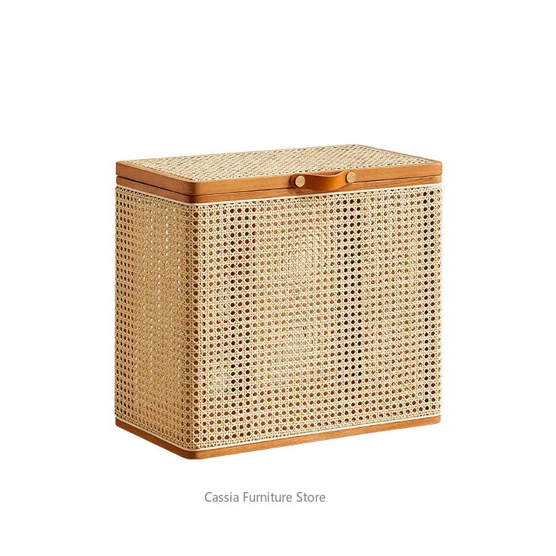 

Nordic Wabi Sabi Storage Box Solid Wood Rattan Weaving Ottoman Bench Mini Chest for Vacation Rental Home Decor