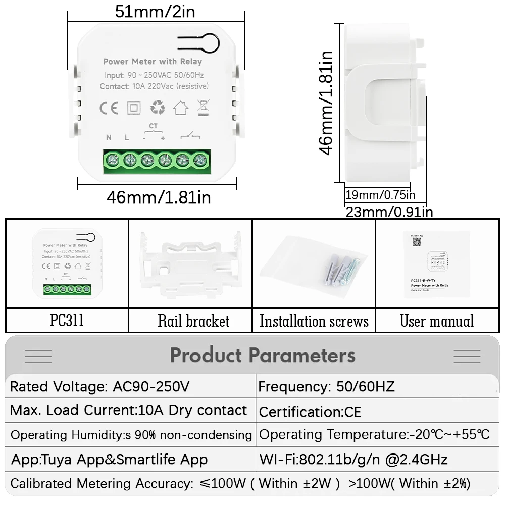 Tuya App Smart Two-way Bilateral WiFi Power Meter with Relay AC110V 220V with Clamp CT KWh Power Electricity Consumption Monitor