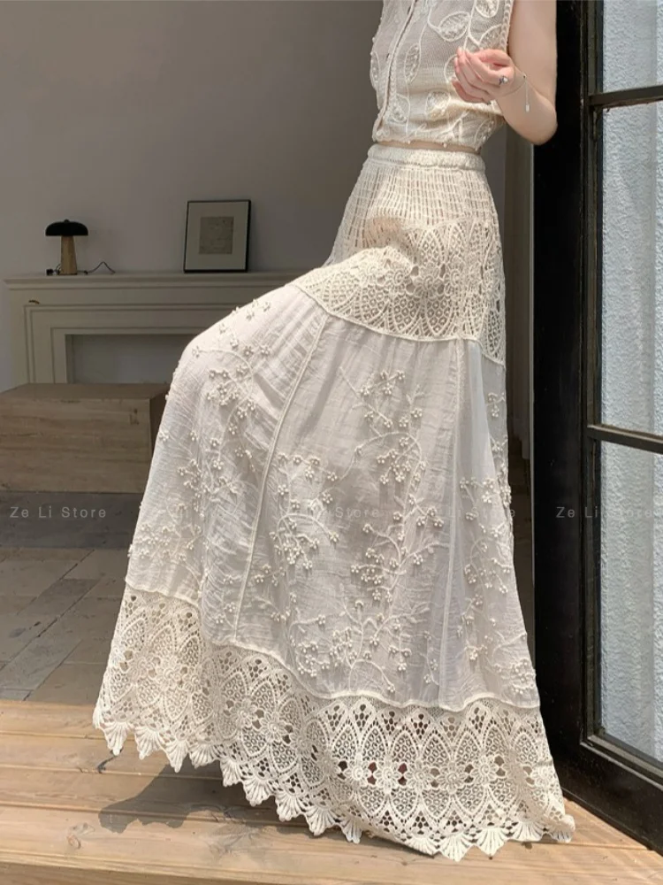 Lace Cut Out Crochet Skirt Women's Summer 2026 Elastic High Waist Slimming Look Draped A-line Long Skirt
