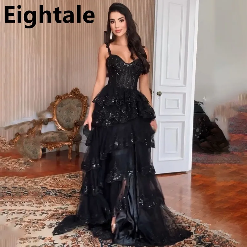 Eightale 2025 Black Sparkle Lace Tiered Ruffles Evening Dresses Spaghetti Straps Side Slit Prom Dresses Dubai Formal Party Gown