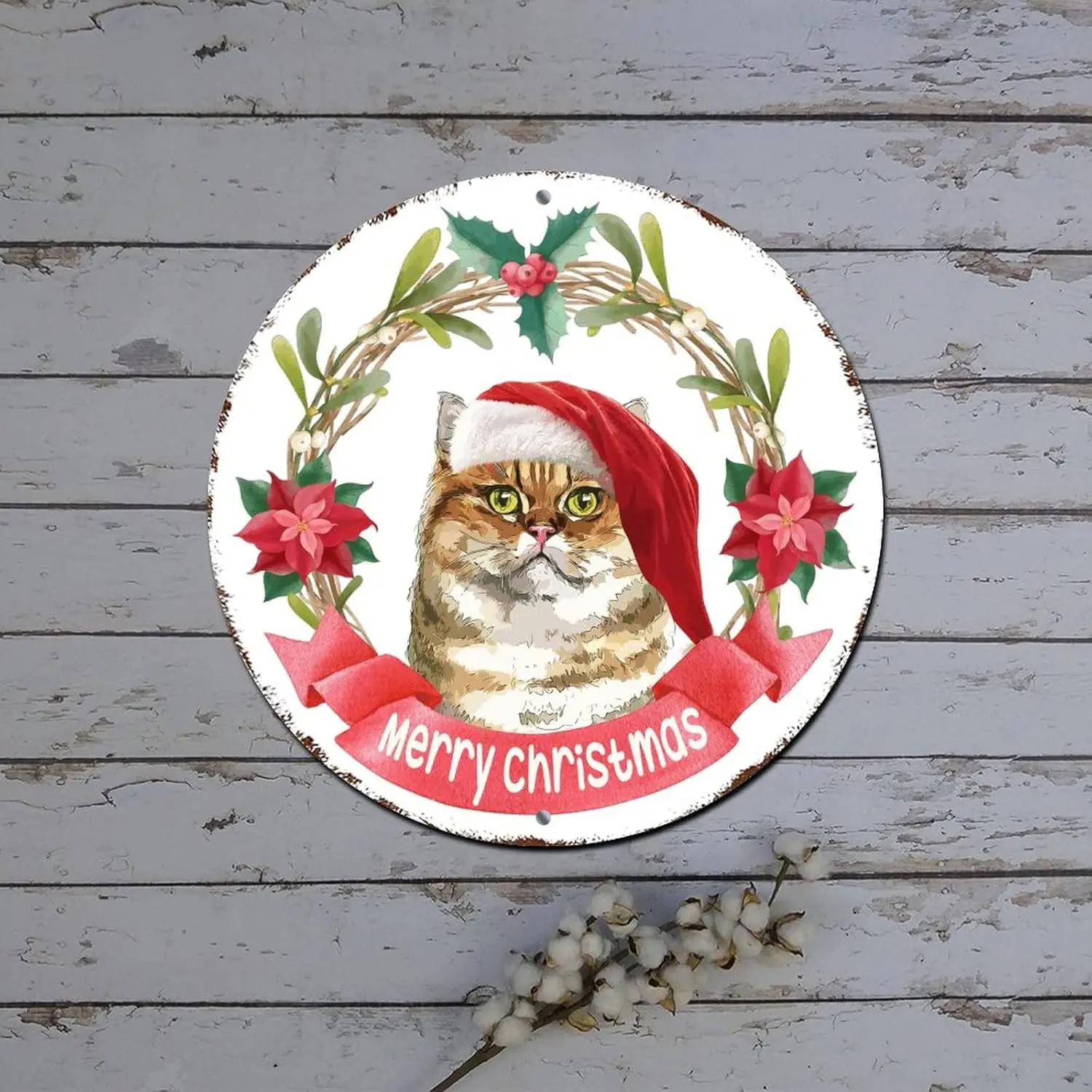 Merry Christmas Wreath Sign Vintage Cat with Santa Painting Hat Holly Wreath Round Metal Tin Sign Christmas Wall Decor Shabby Me