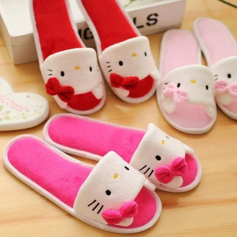 Hello Kitty Winter Slippers Fashion Cute Women House Slippers Anime Y2k Girl Warm Flat Shoes Indoor Bedroom Non-slip Sandals