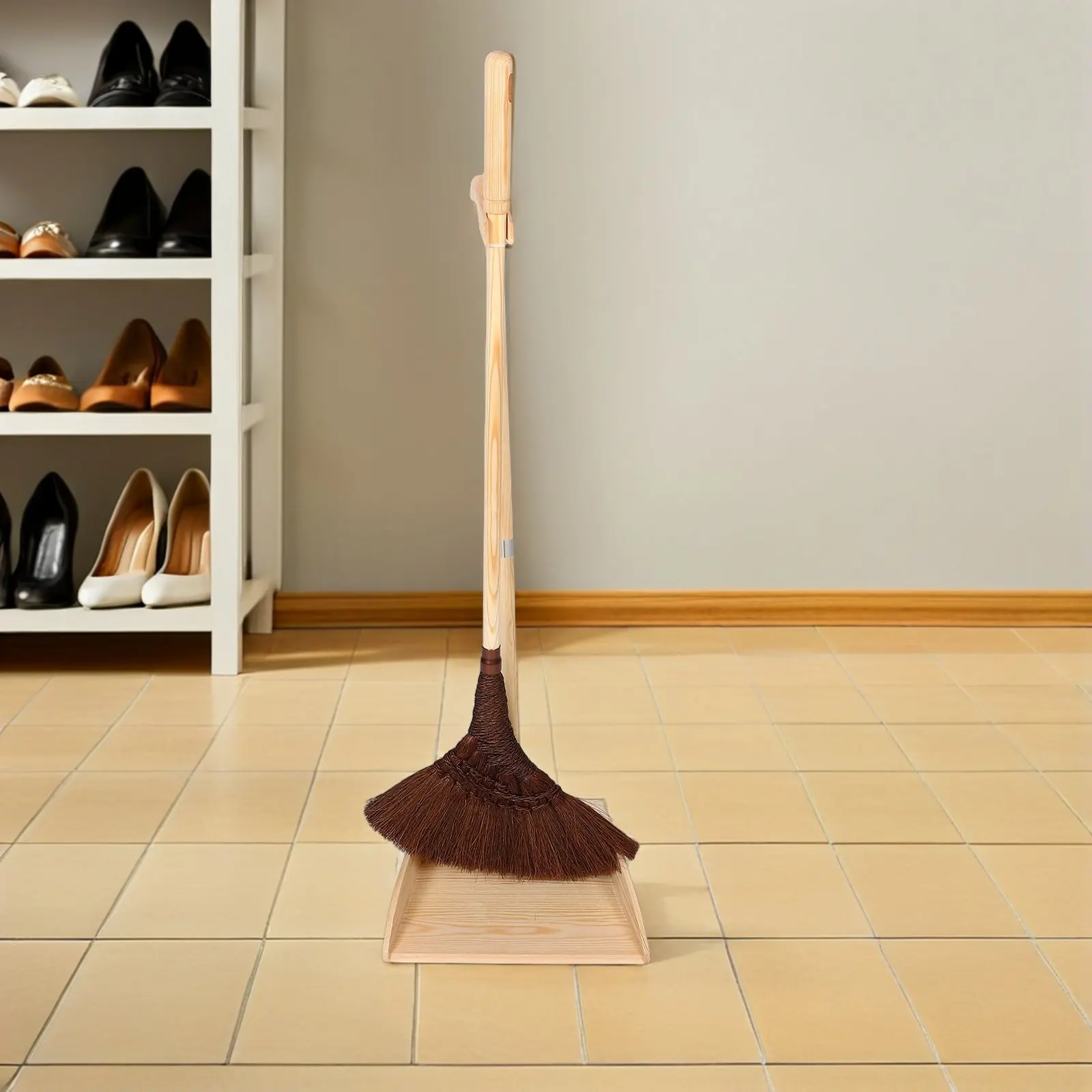 1Set Leaf Sweeper For Home Organized Handmade Palm Fiber Broom Dustpan Japanese Inspired Anti Static Floor Wood