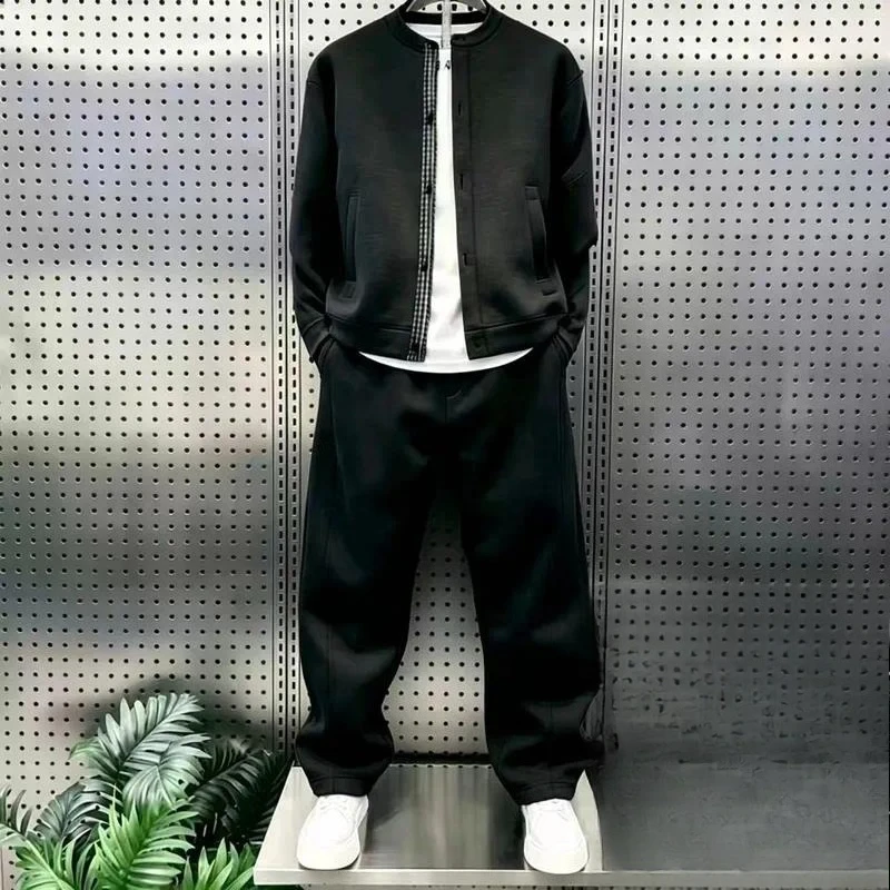 Autumn Men 2Pcs Casual Set Round Neck Cardigan Coat & Wide Leg Trousers Minimalist Solid Black Loose Daily Outfit