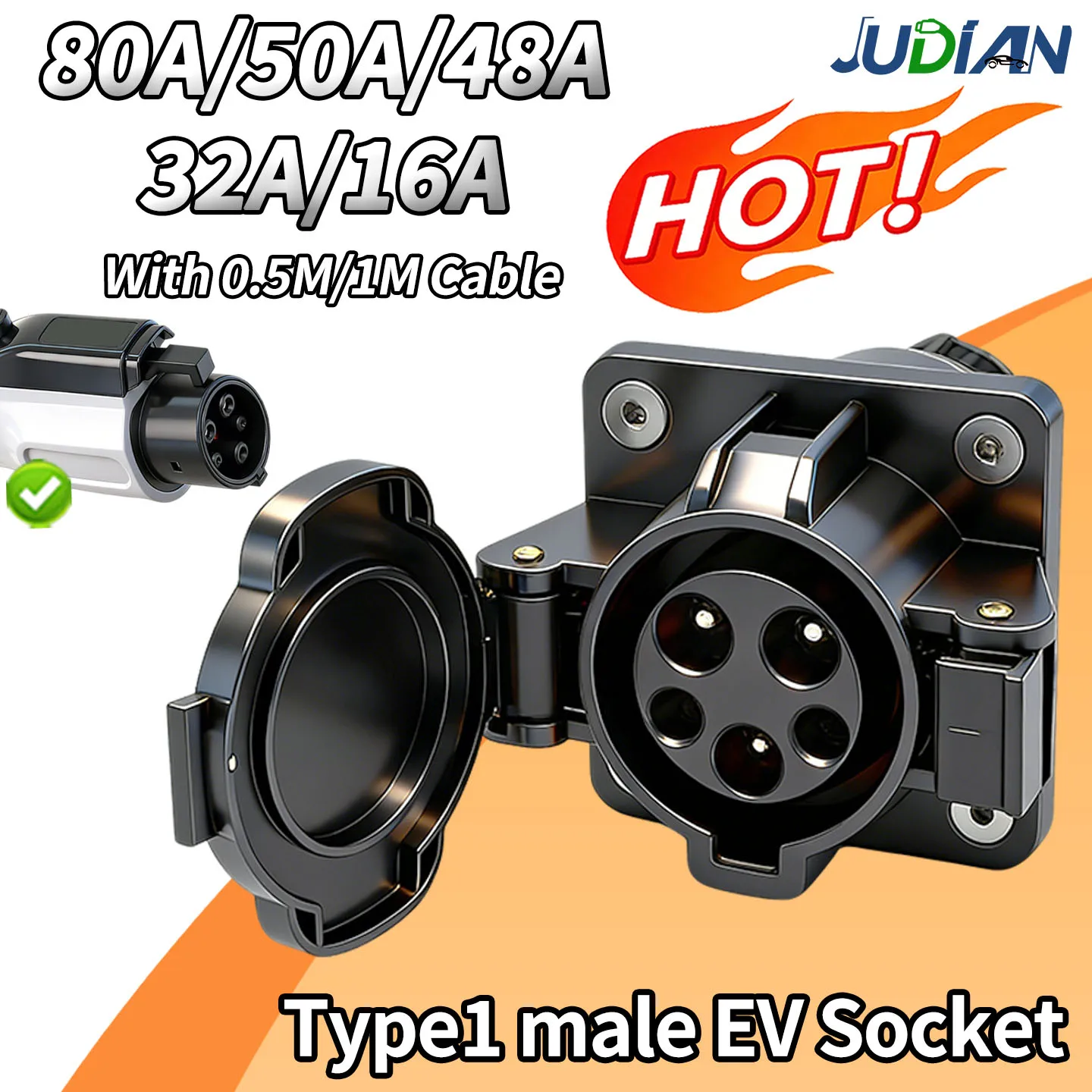 Type1 Male Socket SAE J1772 Electric Vehicle Charging Outlet Cable 16A 32A 48A 50A 80A EVSE Side Socket for Cars