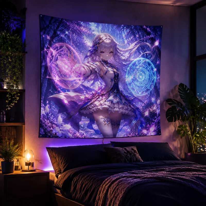 VIKAMA Flower Realm Butterfly Language Magic Girl Tapestry Dreamy Pink Purple Tone Luminous Flower Sea Anime Room Decoration