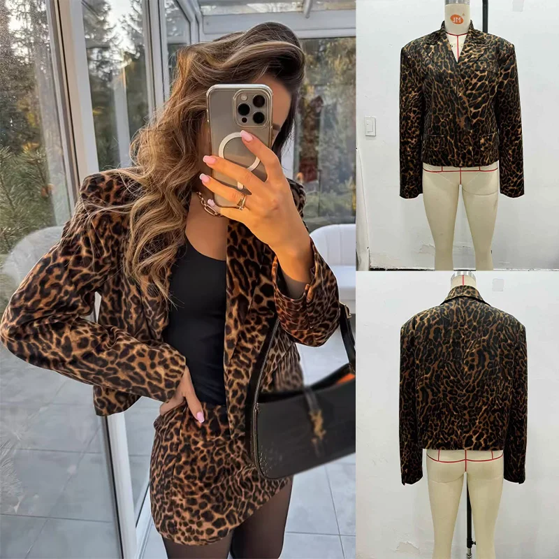 

2025 женская леопардовая куртка, пальто с длинными рукавами и искусственными карманами, укороченные топы, женские повседневные шикарные топы, женская модная уличная одежда