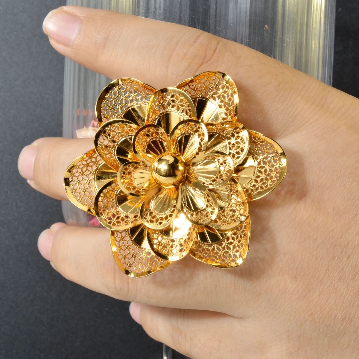 Dubai Nigerian Gold Plated Rings Big Flower Jewellery Indian Bride Wedding Ethiopian Luxury Finger Jewelry For Women Party Gift