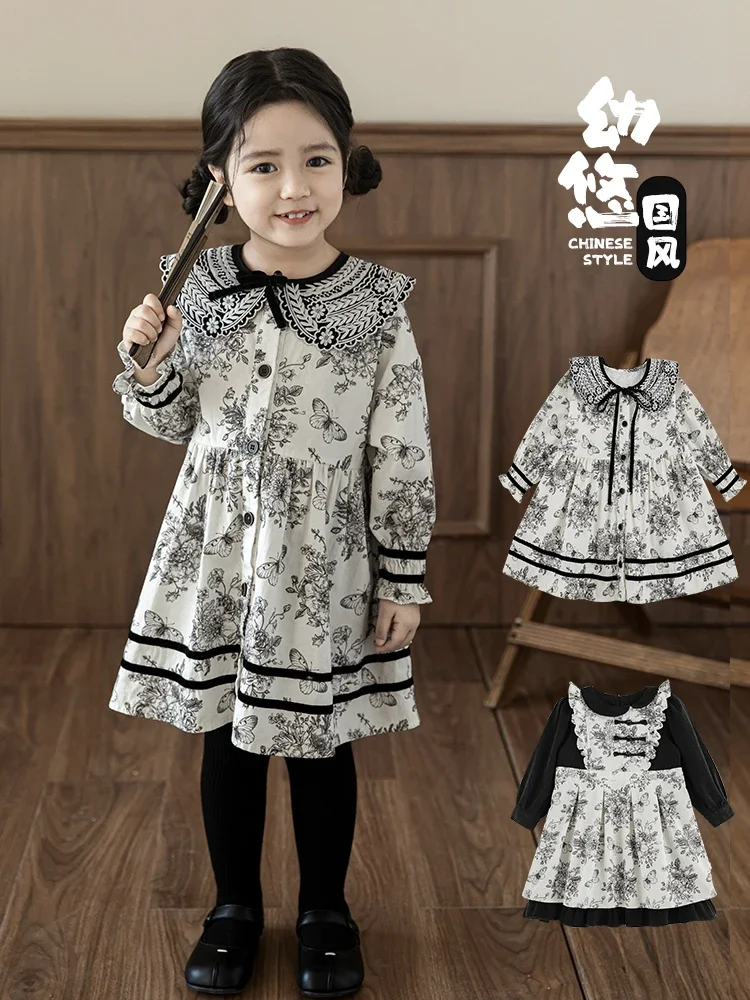 Girl's Butterfly Print Contrasting Splicing Floral Dress Autumn Lace Chinese Style Buckle Dress