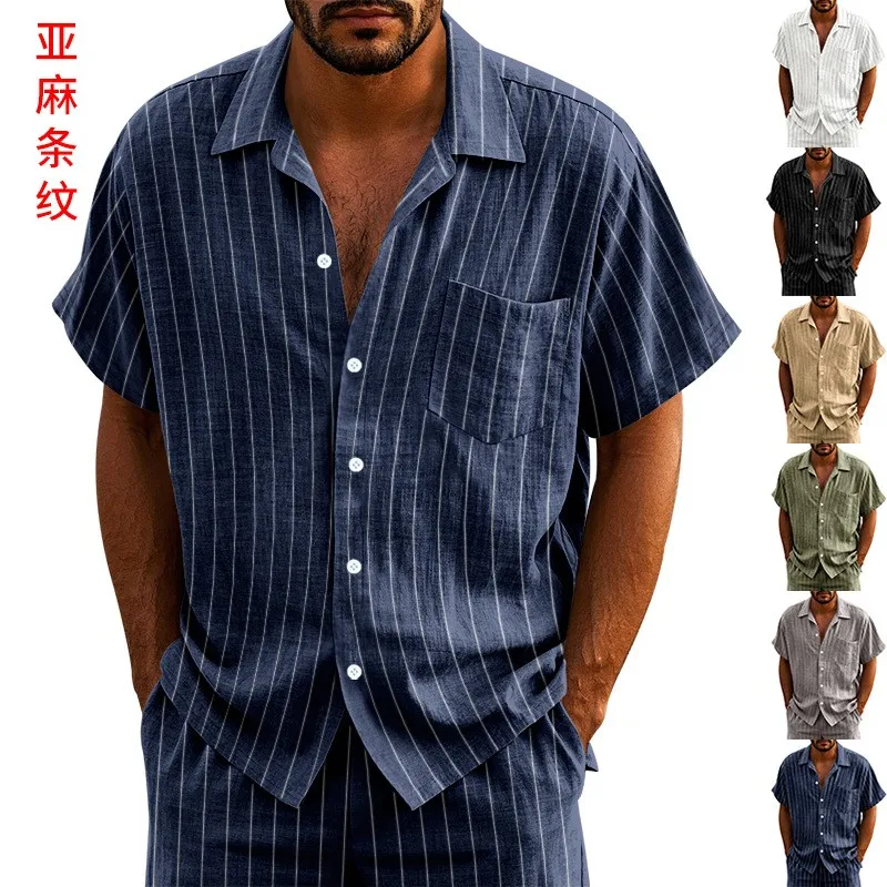 

Linen Shirt Short Sleeve Spread Collar Shirts Striped Pointed Collar Button Down Shirt Light Beige Navy Blue Casual Shirt