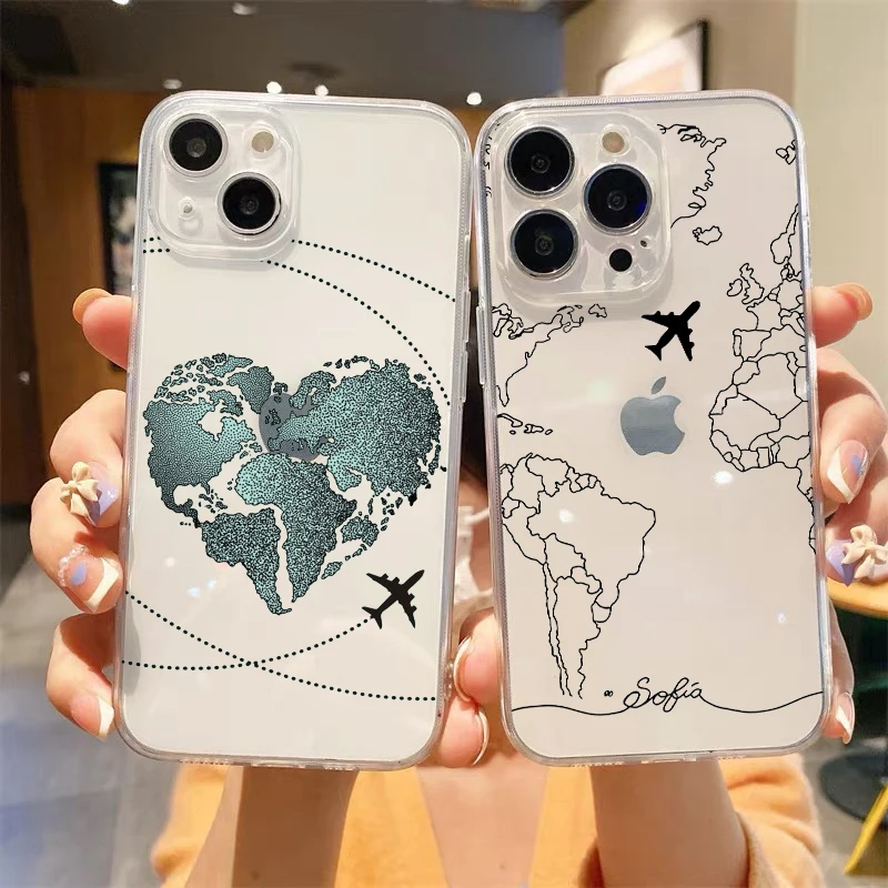 Fashion Planes World Map Travel Luxury Transparent Phone Case For iPhone 15 14 13 12 mini 11 Pro Max XS X XR SE 7 8 Plus Cover