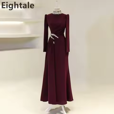 Eightale 2025 Burgundy Mermaid Jersey High Neck Beaded Long Sleeve Evening Dress Prom Dress Saudi Arabic Party Gown Customized