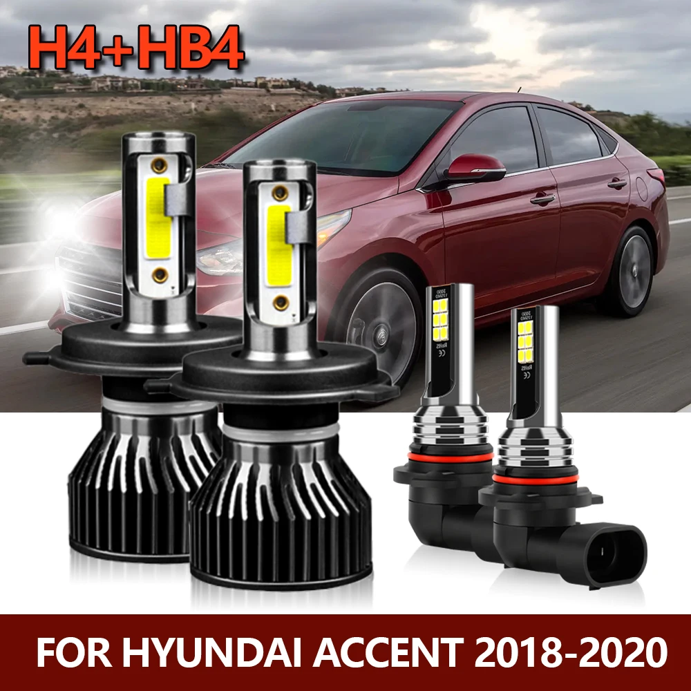 

4x LED Headlight H4 Hi/Lo Bulbs + 9006/HB4 Fog Lamp Combo Car Lights Kit Replace For Hyundai Accent 2018 2019 2020