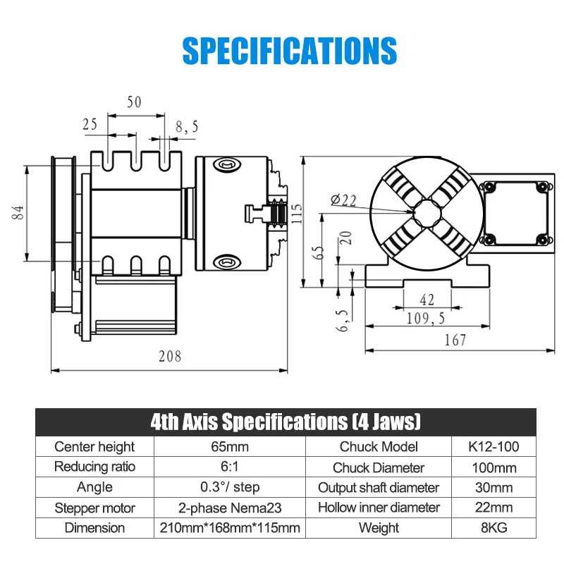 Prezzo di fabbrica K5M-6-100B Albero cavo 4 griffe 100mm Mandrino Rotazione 6:1 per fresatrice CNC Router CNC