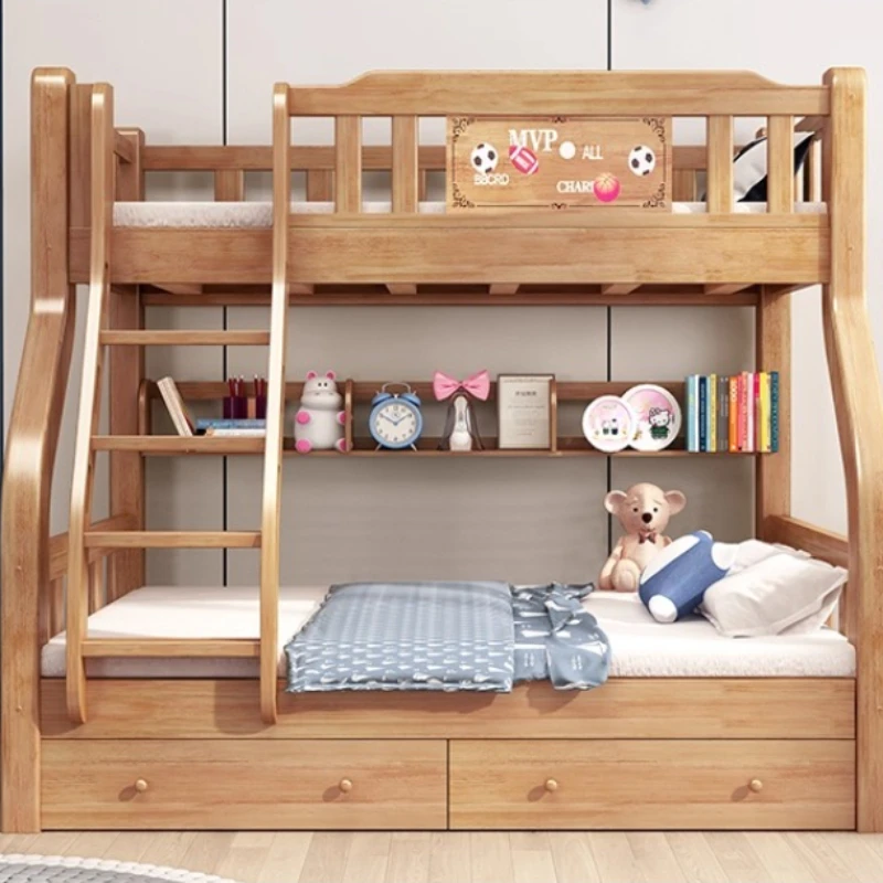g*-Fresh Solid Wood Style Rubber Wood Furniture Bedroom Bunk Bed Mother Child Bed Eco-friendly Paint Slat Frame Childlike Ladder