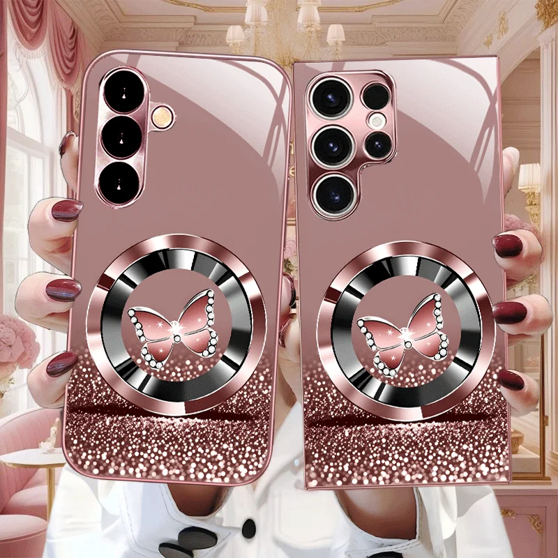 Pink butterfly New Exquisite luxury High-end PhoneCase Glass PhoneCase for Samsung Galaxy S26 S25 S24 S23 S22 S21 FE,Ultra,Plus