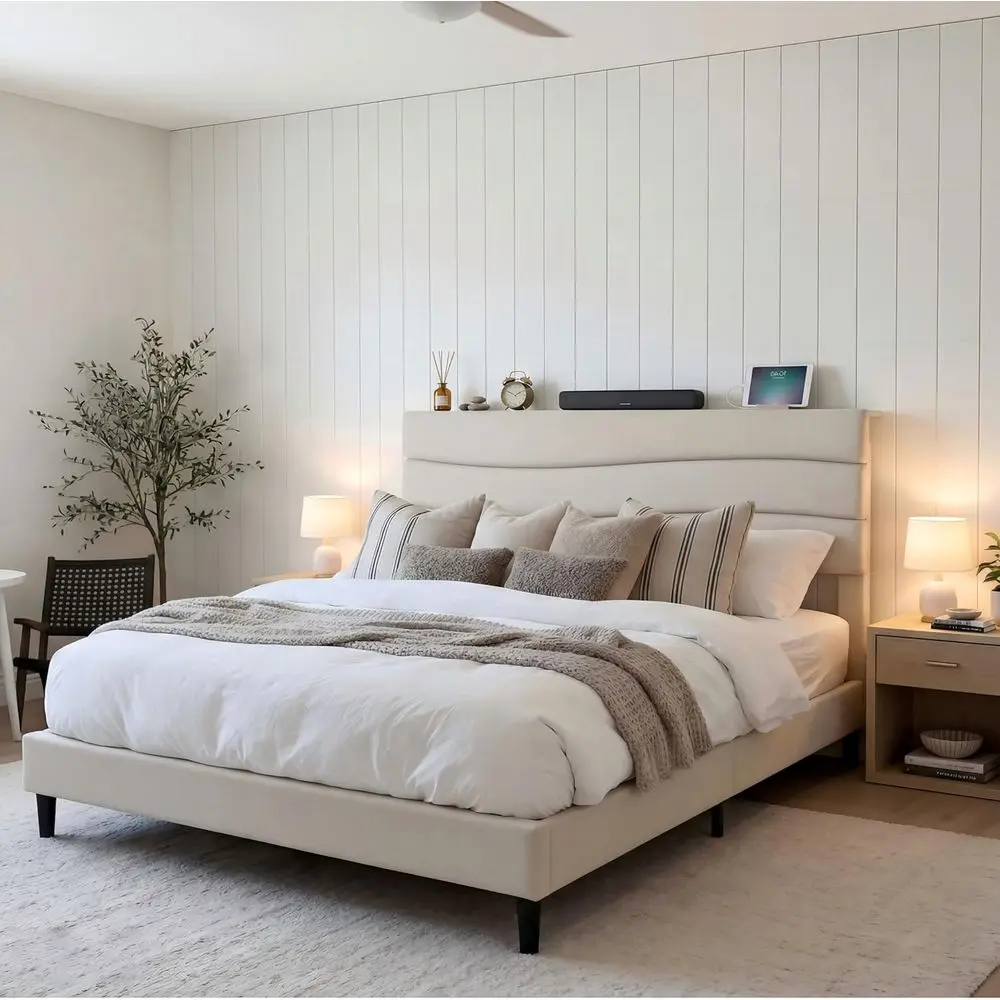 EnHomee Queen Bed e Platorm with Charging Station, Upholstered Queen Bed or Bedroom, Aparent, Dorm, No Squeaky, No Box Springs N