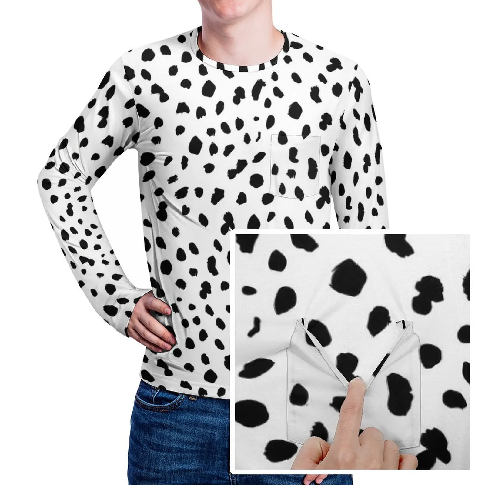 Dalmatian Dog Print T Shirt Black and White Cool T Shirts With Pocket Long Sleeve Tshirt Spring Street Style Oversized Clothes