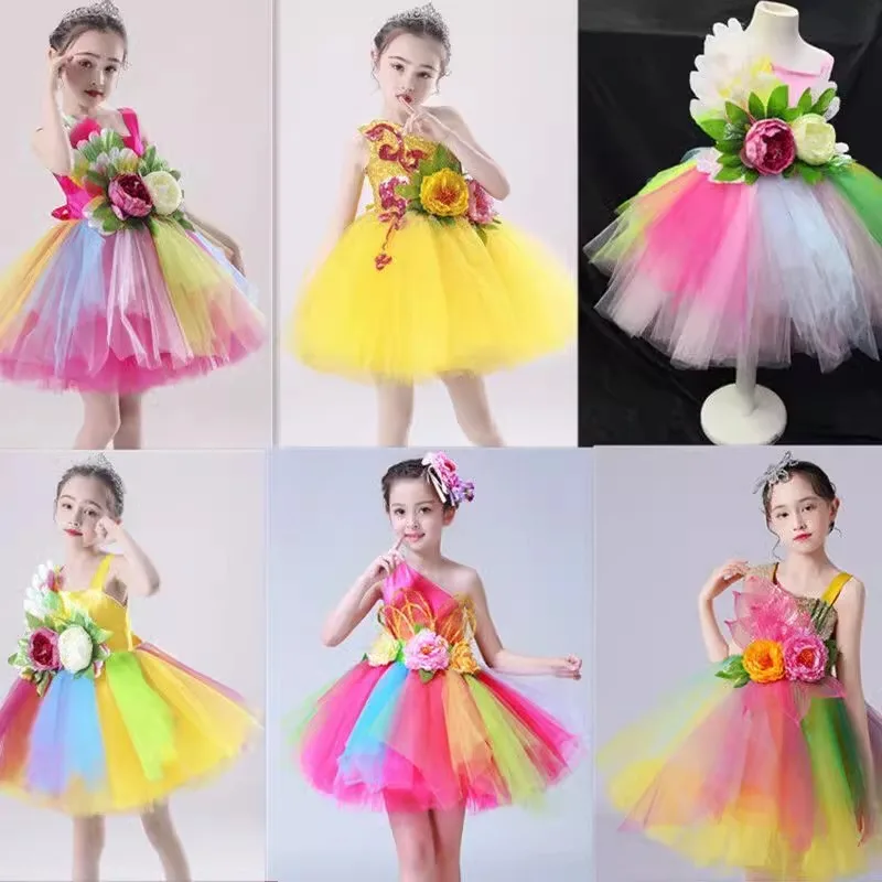 

New summer short-sleeved performance clothes princess fluffy gauze skirt children and girls performance clothes chorus clothes