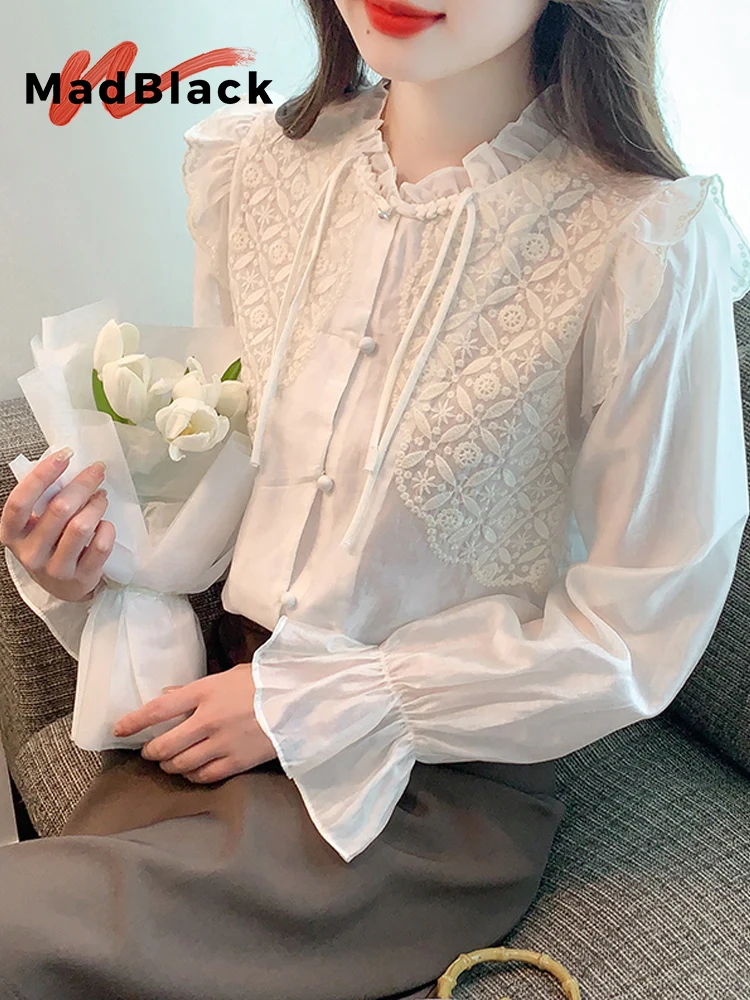 

MadBlack-Женская европейская рубашка, сексуальная лоскутная вышивка с рюшами, уличная свободная блузка с расклешенными рукавами, весенняя новинка 2026 T5D665CC