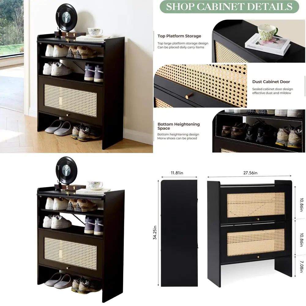 

5-уровневый регулируемый шкаф для хранения обуви с дверцами, органайзер в стиле бохо из ротанга для прихожей и прихожей, черный
