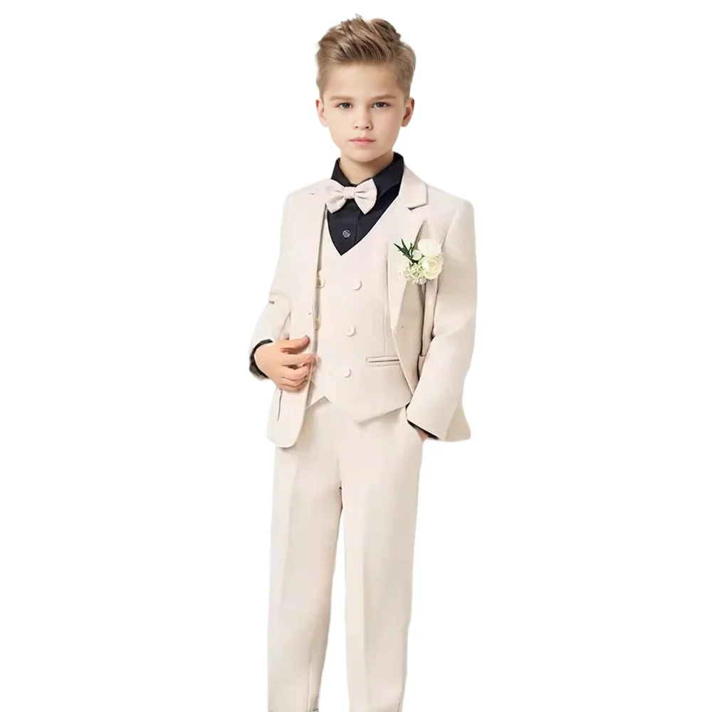 

Boys Formal Beige 4pcs Suits Child Host Piano Performance Catwalk Photography Costume Kids Blazer Vest Pants Bowtie Outfit