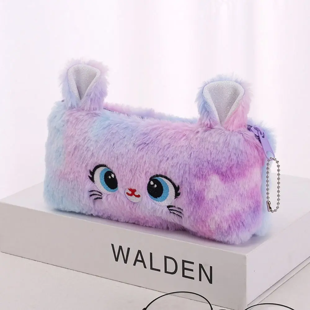 Bolsa de lápices de felpa Kawaii de gran capacidad, bolsa de almacenamiento de lápices de gato de peluche de dibujos animados, papelería escolar, suministros de escritura