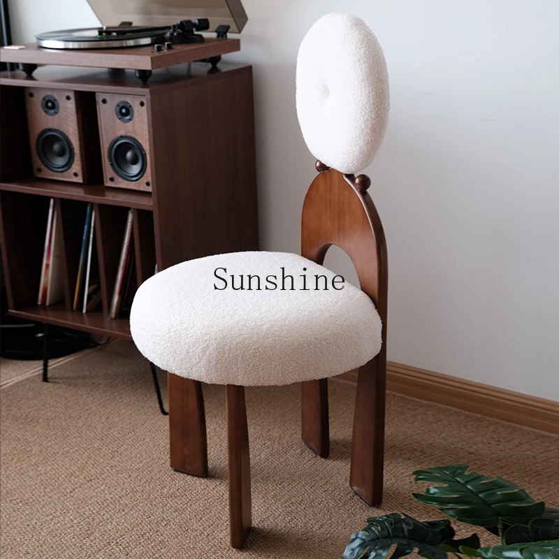 French retro style earrings dining chair makeup solid wood cream lamb wool dressing stool simple